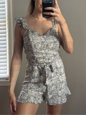 White & Black Dotted Ruffle Tie-Waist Romper